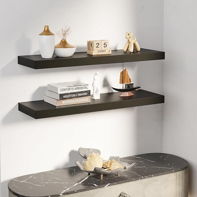 BATODA Set of 2 24" Acacia Floating Shelves Wall Mounted for Bathroom – Rustic Farmhouse Wooden Wall Storage Shelf Bedroom, Kitchen, Home Décor - Brackets and Shelving Mounting (Black, 24 Inch)