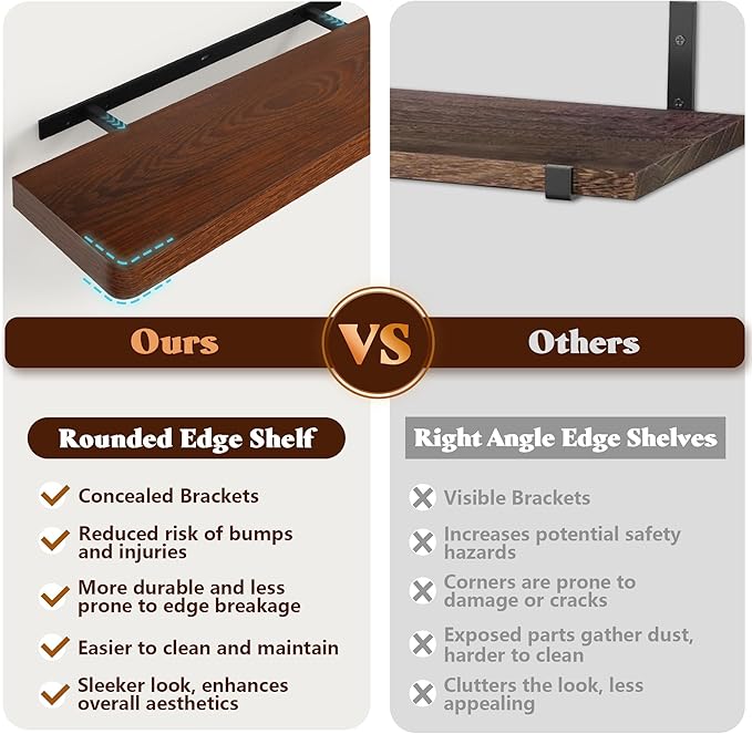 Floating Shelves for Wall,Rustic Wood Shelves Floating for Bathroom Living Room Bedroom and Kitchen,Long Hanging Shelf for Books/Storage Room/Decor (Rustic Brown,Set of 2,24 in)