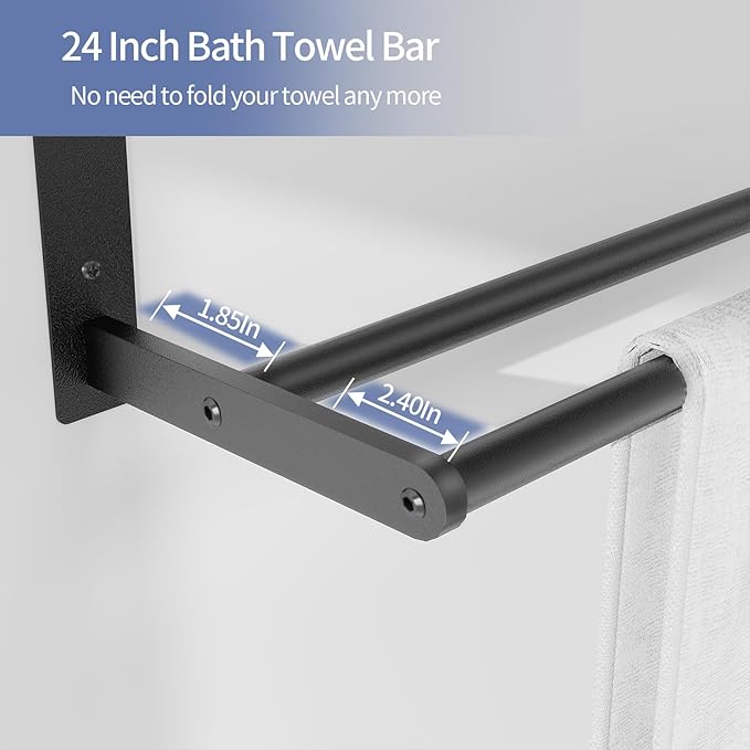 Towel Racks for Bathroom Wall Mounted 24", 3 Tier Bathroom Towel Shelf with Double Towel Bar, Stainless Steel Towel Rack with Towel Shelf, Towel Hanger Holder for Bathroom Towel Storage, Black