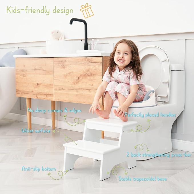Forbena Wood 2 Step Stool for Kids Bathroom Sink, White Toddler Step Stool for Toilet Potty Training, Child Stepping Stool for Kitchen Nursery Bedroom, Sturdy Non Slip Adult Stool for Closet
