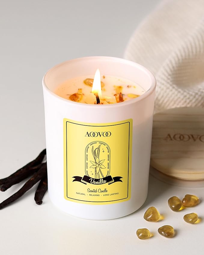 AOOVOO Vanilla Scented Candles for Women - Aromatherapy Candle with Crystals Inside, 7oz Soy Candles for Home Scented, Birthday Gifts Mothers Day Candle for Women Mom