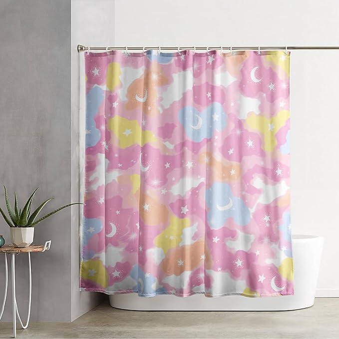 AILONEN Pink Galaxy Shower Curtain,Star and Moon Theme Bathroom Shower Curtain for Girls Kids Teens, 72" W*78" H Colorful Starry Sky Shower Curtain for Bathroom