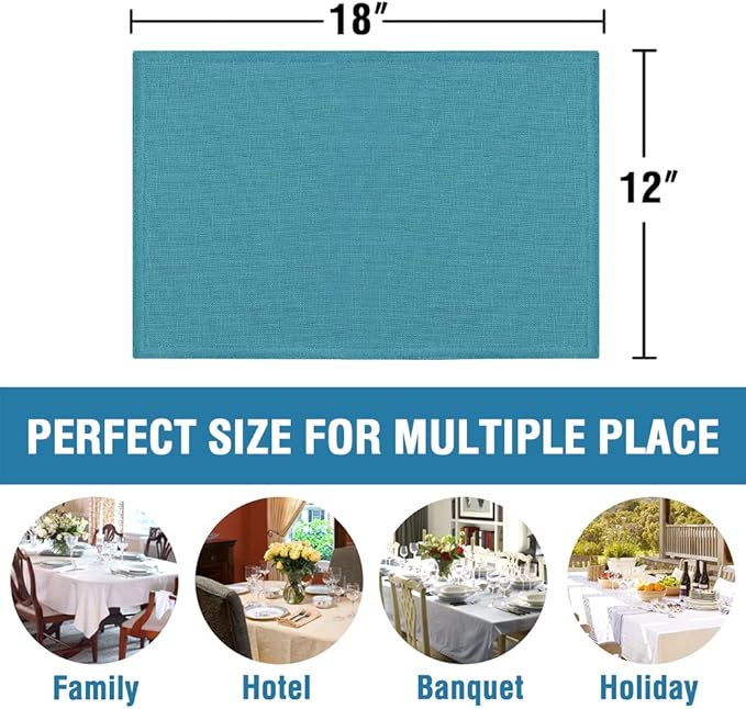 H.VERSAILTEX Linen Placemats Set of 6 Premium Solid Table Mats for Dining Table Spill-Proof Waterproof Heat-Resistant Kitchen Mats Washable, 12x18 inches, Teal