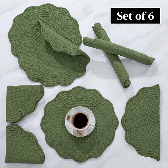 HOMBYS Quilted Placemats Set of 6 Washable Round Placemats for Kitchen Table-100% Cotton Fabric 13 Inch Round Table Mats, Cotton Fabric with Microfiber Filling (13"x13", Emerald Green)