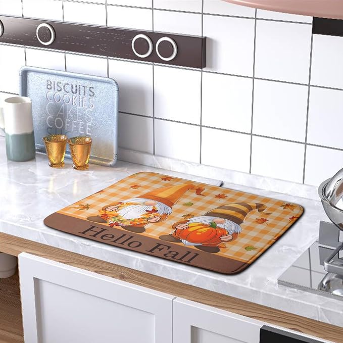 Hello Fall Autumn Gnomes Dish Drying Mat 18x24 Thanksgiving Pumpkin Maple Leaves Harvest Kitchen Drying Mat Orange White Buffalo Plaid Dish Drainer Mat Ultra Absorbent Dish Rack Pad for Coffee Bar