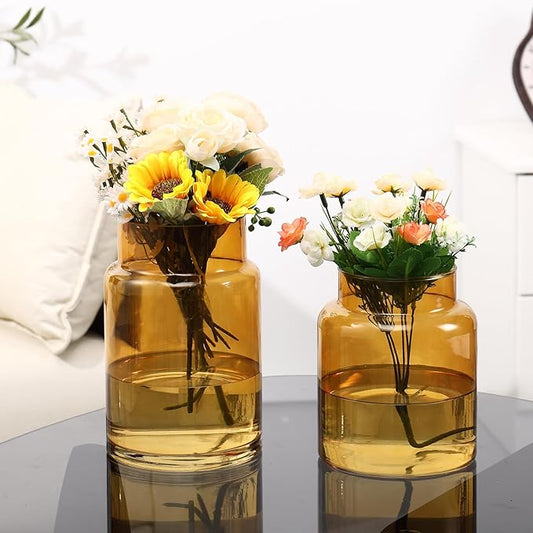 Large Glass Vase, Amber Glass Vase Set of 2, Large Flower Vases for Bouquet, Tall Wide Mouth Vases for Flowers, Home, Wedding, Living Room, Office Decor, 7"+9"