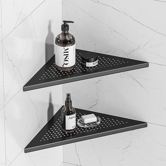 Neodrain 12 Inch Matte Black Corner Wall Shelf Set of 2, Floating Corner Shelves for Wall, 304 Stainless Steel Wall Storage Shelves for Bathroom,No Drilling