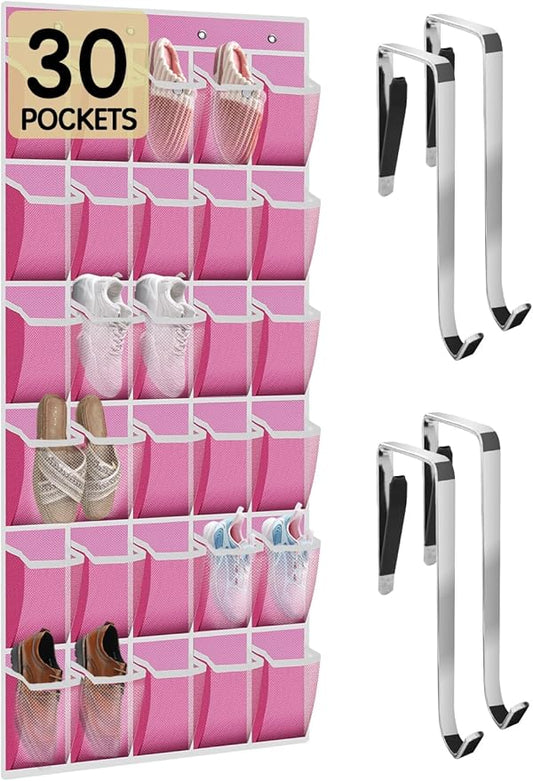 Over the Door Shoe Organizer with 30 Breathable Mesh Pockets - Large Capacity Closet Storage for Men & Women, Hanging Shoe Rack Organizer (Pink)