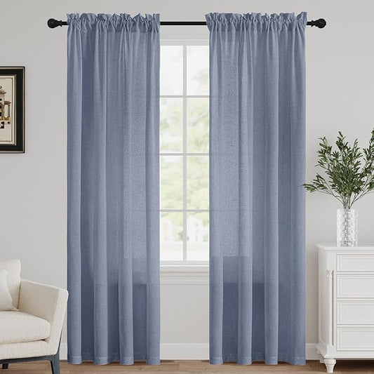 FantasDecor Stone Blue Linen Sheer Curtains 84 Inches Long for Living Room Country Rustic Farmhouse Light Filtering Rod Pocket Window Curtain Treatment Drapes for Bedroom, 52 W x 84 L,Stone Blue