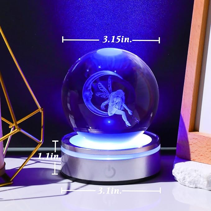 Movdyka 3D Crystal Ball Moon & Fairy Statue Decor Gifts for Women Girls with Colorful LED Base, 3D Laser Fairy Snow Globe Home Decor Crafts - 3.15"/8CM