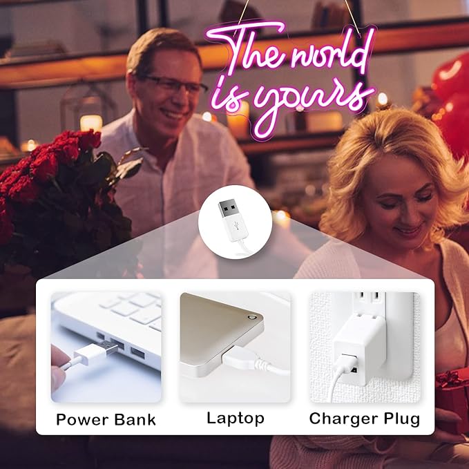 Lucunstar The World Is Yours Neon Sign - Pink Led Neon Light for Wall Decor, USB Powered Sign for Wedding, Engagement, Bedroom