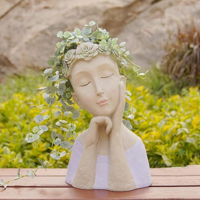 Head-Planter - Face Flower Pot - Succulent Planters - Drainage Hole - Garden Statue Flower Pots Cactus Resin Planter with Drainage Hole Garden Yard Farmhouse Décor 9.25*7*13.5 inch Newman House Studio