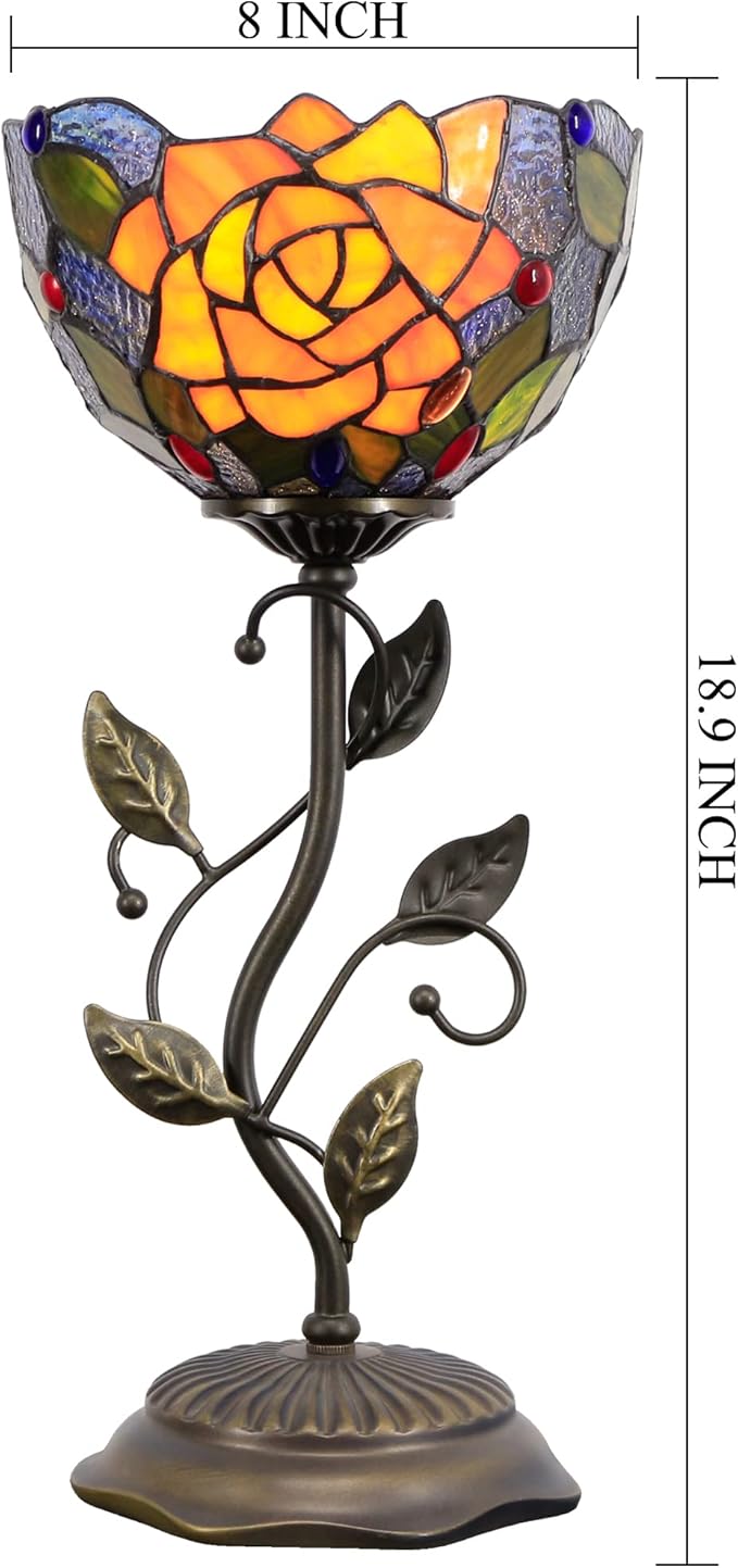 Small Tiffany Lamp Stained Glass Table Lamp Uplight Accent Lamp with Metal Leaf Base Yellow Purple Rose Style Desk Light 8X19 Inch for Home Office Living Room Bedroom