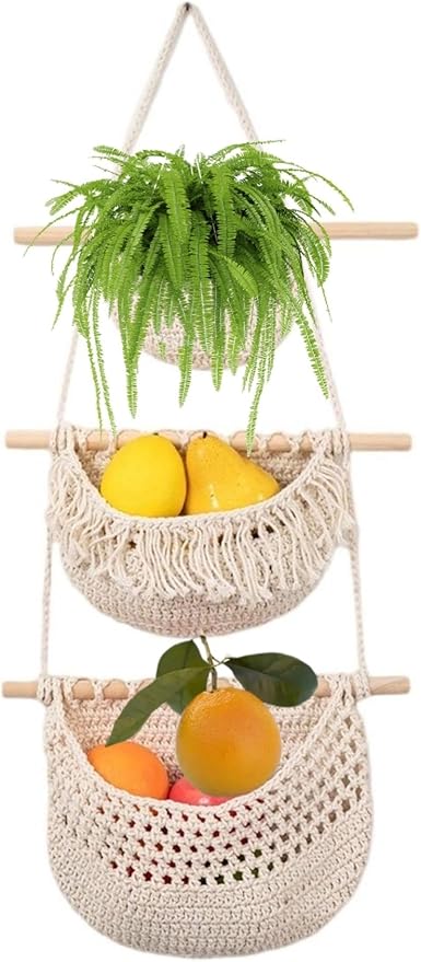 Hanging Fruit Basket, 3 Tier Cotton Macrame Produce Basket for Kitchen, Indoor Planter Hangers.