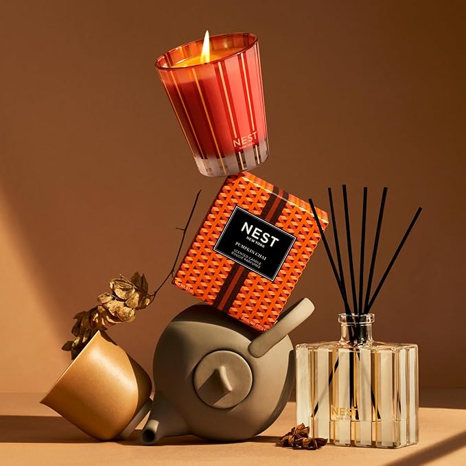 NEST New York Reed Diffuser, Pumpkin Chai - 5.9 fl oz - Fragrance for Up to 90 Days - Reusable, Refillable Glass Holder - Includes 8 All-Natural Reed Sticks - Flame Free