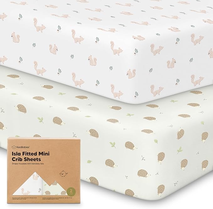 Pack and Play Sheets Fitted, 2-Pack Mini Crib Sheets - Pack N Play Sheets, Organic Fitted Crib Sheet for Pack and Play Mattress, Playard Baby Crib Sheets,Crib Sheets Neutral for Boys (Nibbles/Bruce)