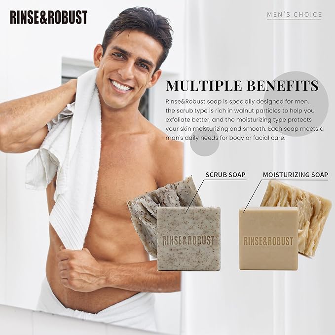 Rinse & Robust Mens Soap Bar Set 6Pcs Natural Handmade Cleansing Bar Soap Set Moisturizing&Exfoliating Scrub Soap Gift for Men All Skin Type| 6 Different Scents |3.5 oz of 6 Bars