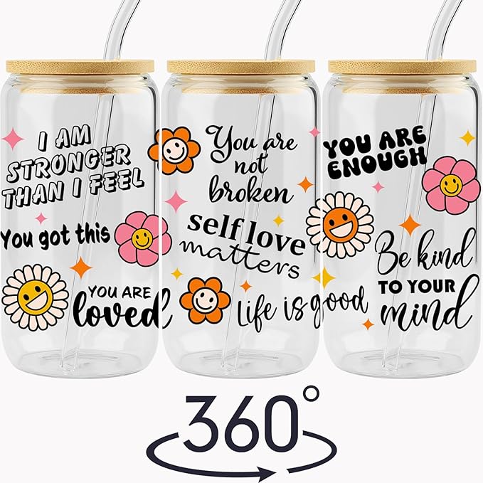 Self Love Matters, Mental Health Sublimation Glass Tumbler, 16oz Glass Can Cup with Positive Quotes and Smiley Flowers, Gift for Her Best Friend Tumbler, Self Care Gift, Lid and Straw