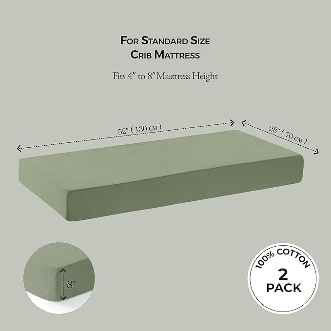 Baby Crib Fitted Sheet, 100% Cotton Knitted Jersey, Fit Standard Crib Mattresses, Fitted Crib Sheets, Super Soft, Toddler Fitted Sheet, Unisex,2 Pack,Green/Flowers, 28x52x9'