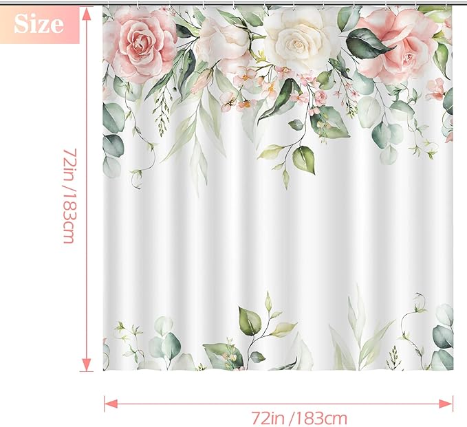 Floral Shower Curtain for Bathroom - Watercolor Pink Rose Flower Eucalyptus Leaves Fabric Shower Curtains Set with 12 Hooks Bathroom Decor Accessories, 72"x72"