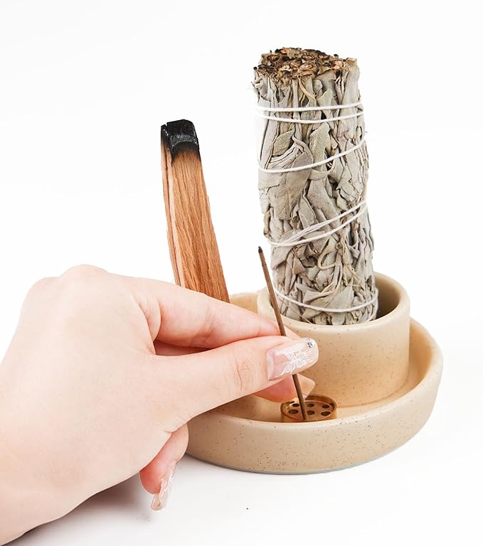 4 in 1 Incense Holder, Ceramic Incense Stick and Palo Santo Holder,Sage Holder for Burning- 4.25" Ceramic Ash Catcher Tray for Meditation and Yoga Room (Sand) 1