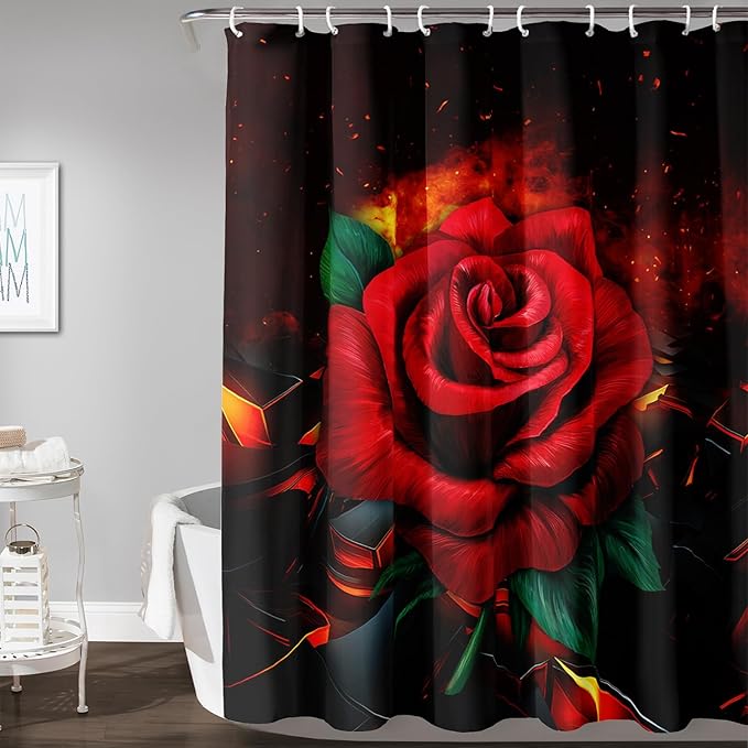 AILONEN Red Rose Shower Curtain for Bathroom, 3D Print Romantic Flower Bath Curtain,Modern Botanical Flame Fire Rose Flower Waterproof Shower Curtain Decoration with 12 Plastic Hooks, 72" W*96" H