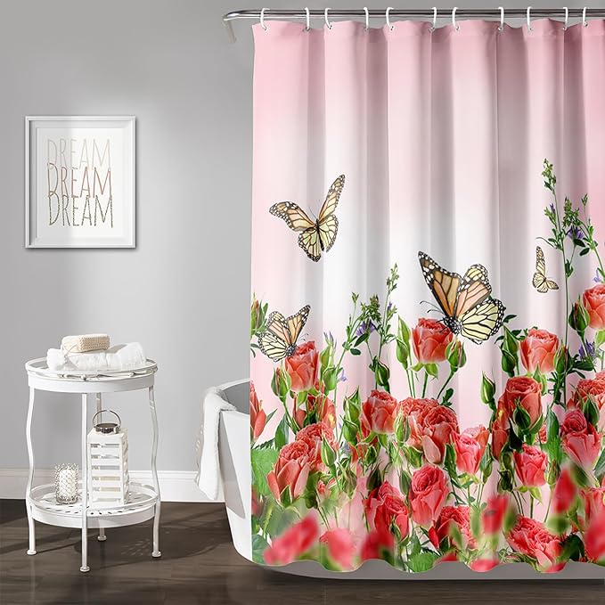 AILONEN Butterfly Shower Curtain for Bathroom, Red Flower Bath Curtain,Flying Butterfly Bathroom Curtain,Polyester Waterproof Bathroom Decor Curtain with 12 Plastic Hooks(48" W*72" H)