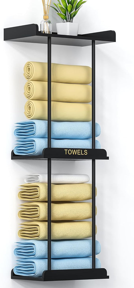 MinBoo Bamboo Bathroom Towel Storage Rack, Towel Racks for Bathroom Wall Mounted with Shelf Can Holds Large Towels, Wall Towel Rack for Rolled Towels, Black