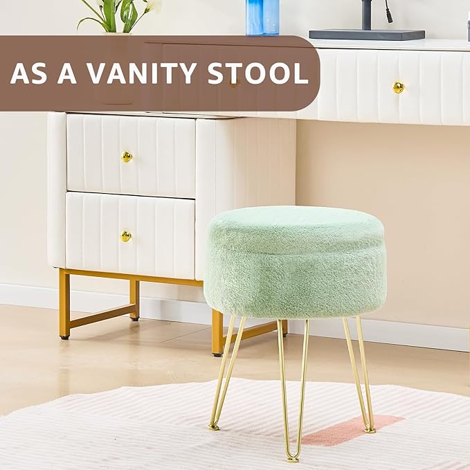 Cplxroc Ottomans Round Faux Fur Ottoman with Storage Footstools Vanity Chair Coffee Table Ottoman for Living Room (Three Legs-Green)