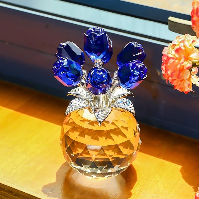 Blue Rose Flower Crystal Figurine with Vase, Bouquet Flowers Ornament Gifts for Wife Girlfriend Women , Handmade Crystal Flower Collectible Home Table Decor for Valentine's Day Wedding Anniversary