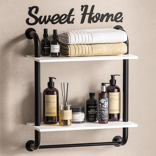 Bathroom Shelves Wall Mounted, Rustic Farmhouse Pipe Shelves 2-Tier, Floating Shelf Wall Decor for Bathroom, Kitchen, Bedroom, Living Room 17.3in White