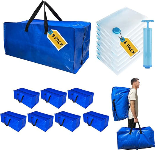 16 Pack Heavy Duty Extra Large Moving Bags with Backpack Straps & Large Vacuum Storage Bags Moving Supply Combo, Moving Totes with Handles & Zippers for Space Saving, Fold Flat, Includes Vacuum Bags