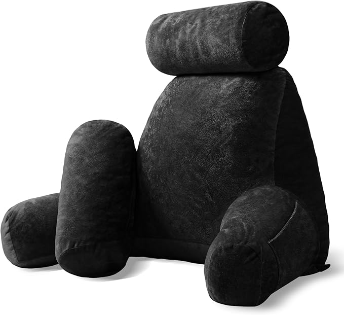 Sasttie Reading Pillow for Sitting in Bed Adult, Extra Large Back Pillow for Bed, Backrest Pillow with Detachable Head Support Cushion, College Dorm Essentials for Girls and Boys, Black