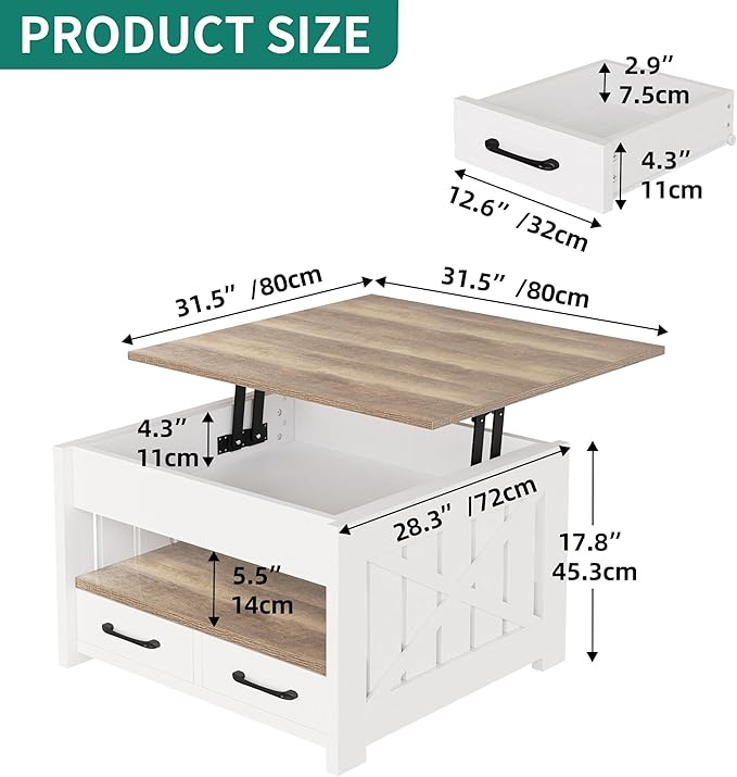 YITAHOME Square Lift Top Coffee Tables for Living Room, Farmhouse Coffee Table with Storage, Small Coffee Tables with 2 Drawers Lifting Top, Wooden Center Table for Home, Grey Wash