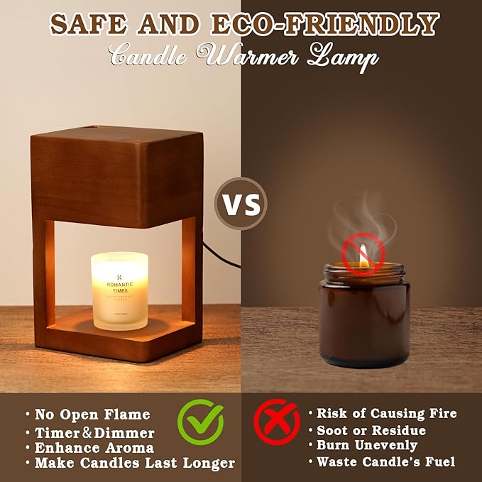 Candle Warmer Lamp Wood with Timer, Dimmable Electric Candle Lamp Warmer for Jar Candles, 2*35 Watt Bulb, Birthday Gifts for Women, Gifts for Mom, Decorative Wooden Candle Lamp for Bedroom Home Decor