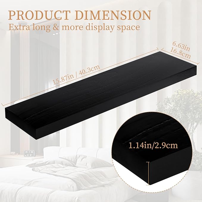 Floating Shelves 15.7in for Wall Black Solid Wood Floating Shelves Bathroom Floating Shelf for Bedroom Kitchen Living Room