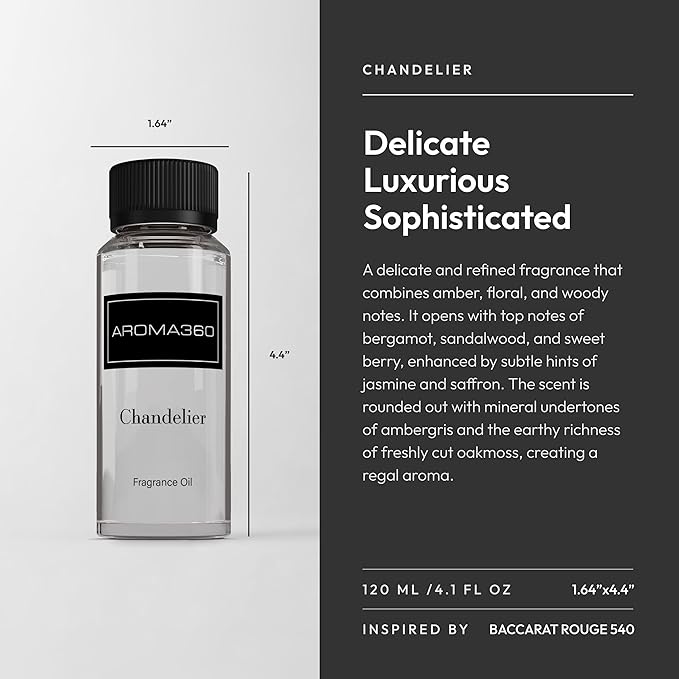 Aroma360 - Chandelier Fragrance Oil Blend | Hotel Inspired for Luxury Essential Oil Diffusers | Aromatherapy Scent Diffuser Oil | Bergamot, Woodsy Sandalwood, and Flirtatious Saffron - 120ML