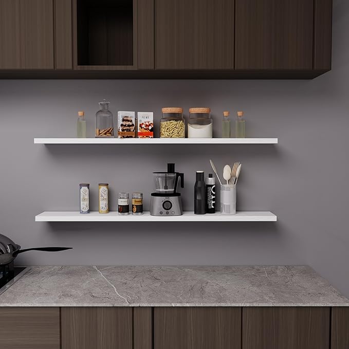 Floating Shelves 48 Inch Wall Shelf Solid Wood Mounted Storage for Bedroom Living Room Set of 2, White Wall Shelves
