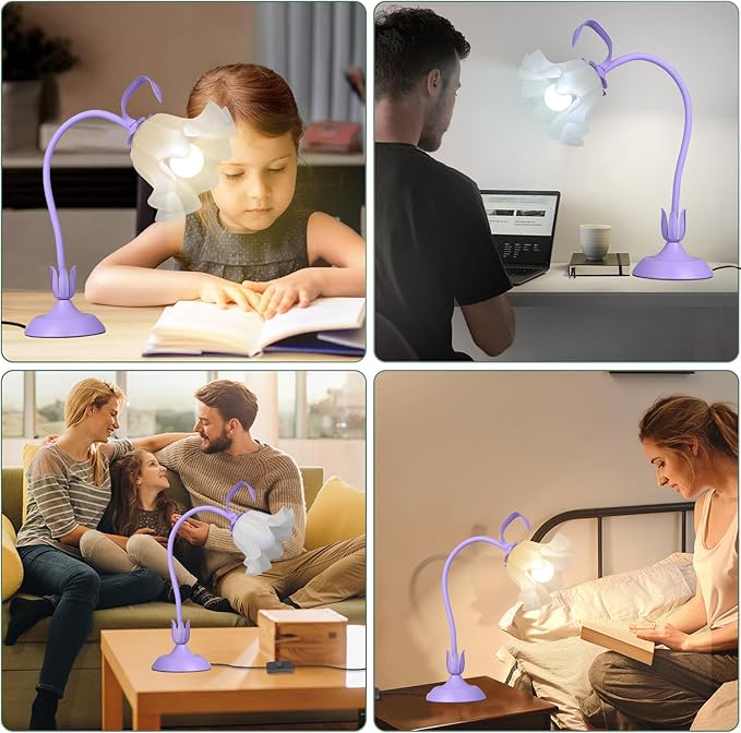 Vintage Flower Bedside Desk Lamp, 3 Color Modes with E26 Bulb, Small LED Unique Gooseneck Cute Table Lamp for Living Room, Modern Night Light for Kids Bedroom Decor, Girls Reading, Office, Purple