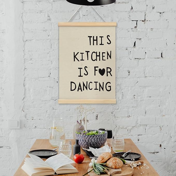 BIWSHA Cute Kitchen Canvas Poster Framed Hanger 12x16 Inch, Funny Black Kitchen Quotes Decor This Kitchen Is For Dancing Poster Framed with Wood Hanger，Kitchen Dining Room Decor