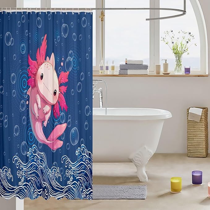 Feelyou Cute Axolotl Fabric Shower Curtain Cartoon Salamander Shower Curtain for Kids Blue Ocean Bathroom Waterproof Accessories with 12 Hooks Sea Animals Curtains,72X84 Inches