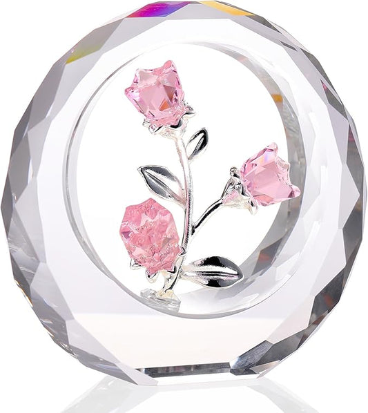 Crystal Pink Roses Bouquet Figurines, Glass Rose Flowers Romantic Gifts for Her Women - Crystal Forever Rose Flower Decor for Valentines Mothers Day Anniversary