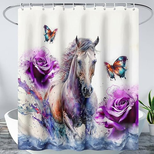 AILONEN 3D Horse Shower Curtain,Galloping Horses with Butterfly Waterproof Fabric Shower Curtains for Bathroom,Oil Purple Rose Bath Curtain Set with Hooks, 72" W*84" H