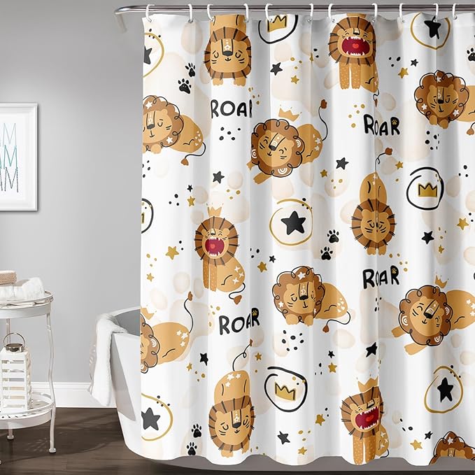 AILONEN Cute Lion Shower Curtain for Bathroom, Children Kwwaii Animal Bathroom Curtain Decor,Printed Bath Curtain for Boys Girls 72" W*78" H Polyester Waterproof Bathroom Curtain with 12 Hooks