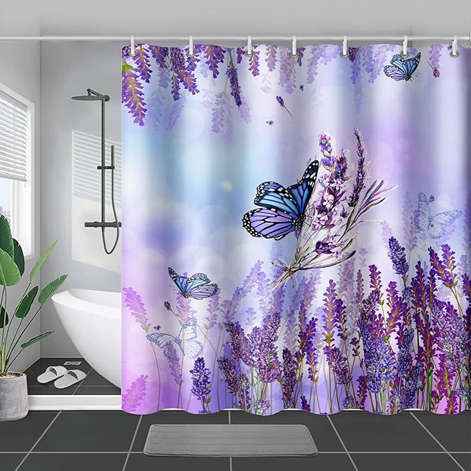AILONEN Flying Butterfly Shower Curtain for Girl Women,Purple Lavender Flower Butterfly Floral Decor Bath Curtain 72" W*84" H Polyester Fabric Waterproof Bathroom Bathtub Curtain with 12 Hooks