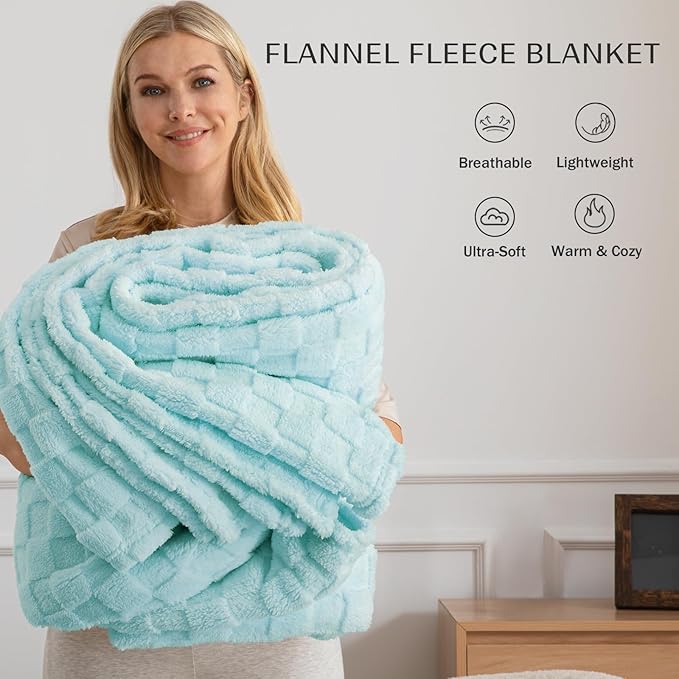 Exclusivo Mezcla Fleece Throw Blanket for Couch,Super Soft and Warm Lightweight Checkered Pattern Blankets for All Seasons, 50x60 Inches, Light Blue