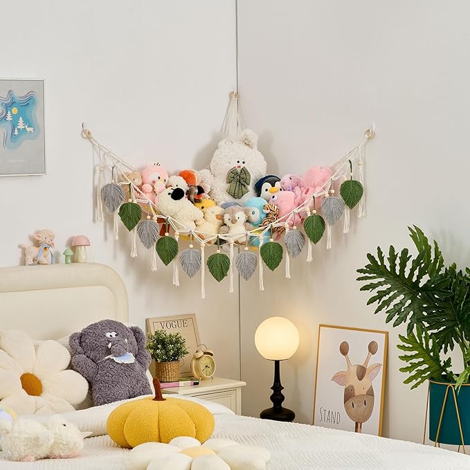 Pretty Jolly Macrame Leaf Wall Hanging Storage Hammock, 59" Boho Corner Organizer with Tassels, Stuffed Animal Plush Holder for Kids Room Nursery Decor (Avocado Green & Light Grey)