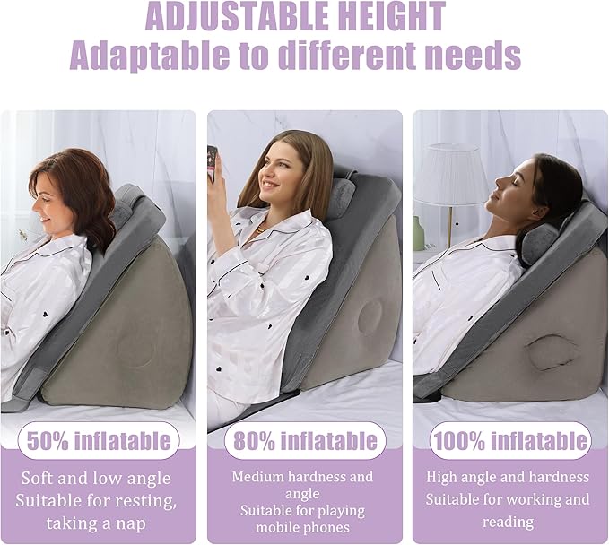 HOMBYS Inflatable Wedge Pillow with Foam Backrest Pillow & Headrest, Adjustable Angle, Soft Headboard for Adult, Elderly, Pregnant Resting & Reading, Foldable & Poratable, Pump Include