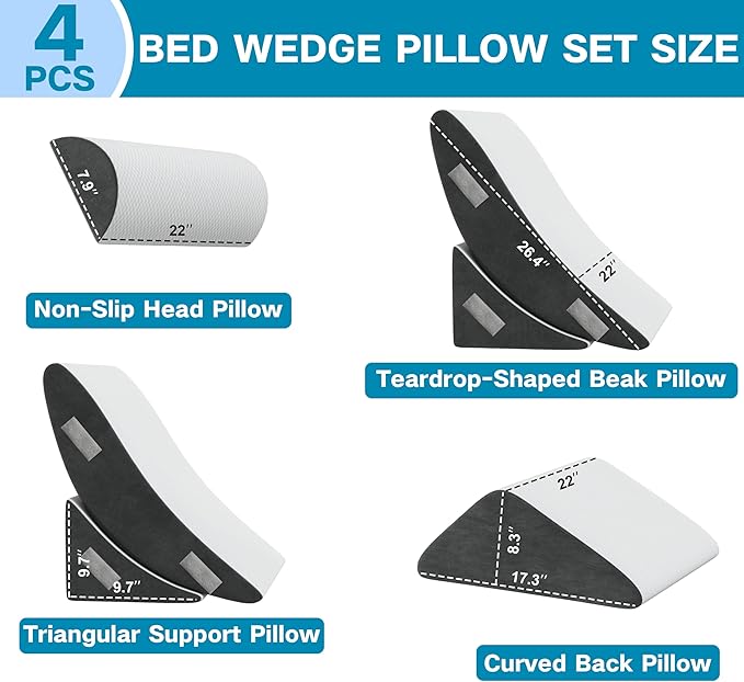 Orthopedic Bed Wedge Pillow Set, 4Pcs Wedge Pillow for Sleeping, Adjustable Incline Elevated Memory Foam Wedge Pillow for Post Surgery, Snoring, Back, Leg Pain, Acid Reflux Relief