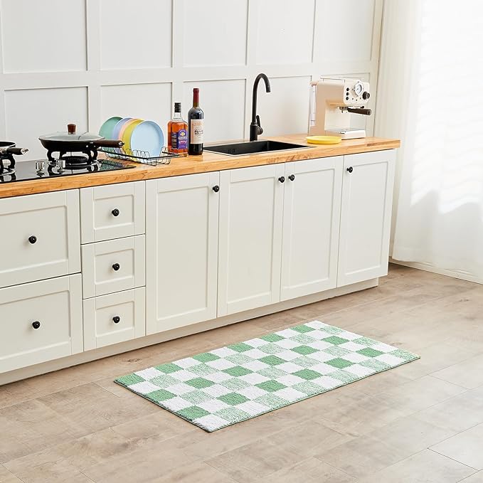 CozeCube Checkered Bath mats Non Slip, Fluffy Absbent Microfiber Bath mat Washable, Aesthetic Bathroom Rugs, Large Bath mat for Bathroom Floor, Sage Green, 36"X24"